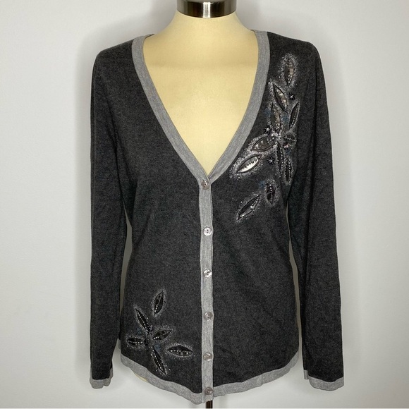 Christopher & Banks Grey Floral Embellished Button Front Cardigan - Picture 1 of 6